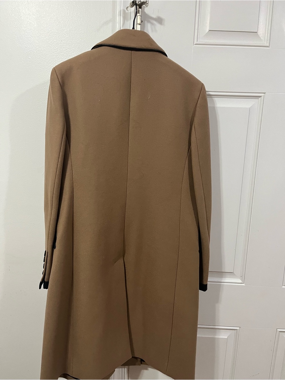 Burberry Camel Knee Length Double Breasted Coat with Black Leather Trim - Picture 6 of 9